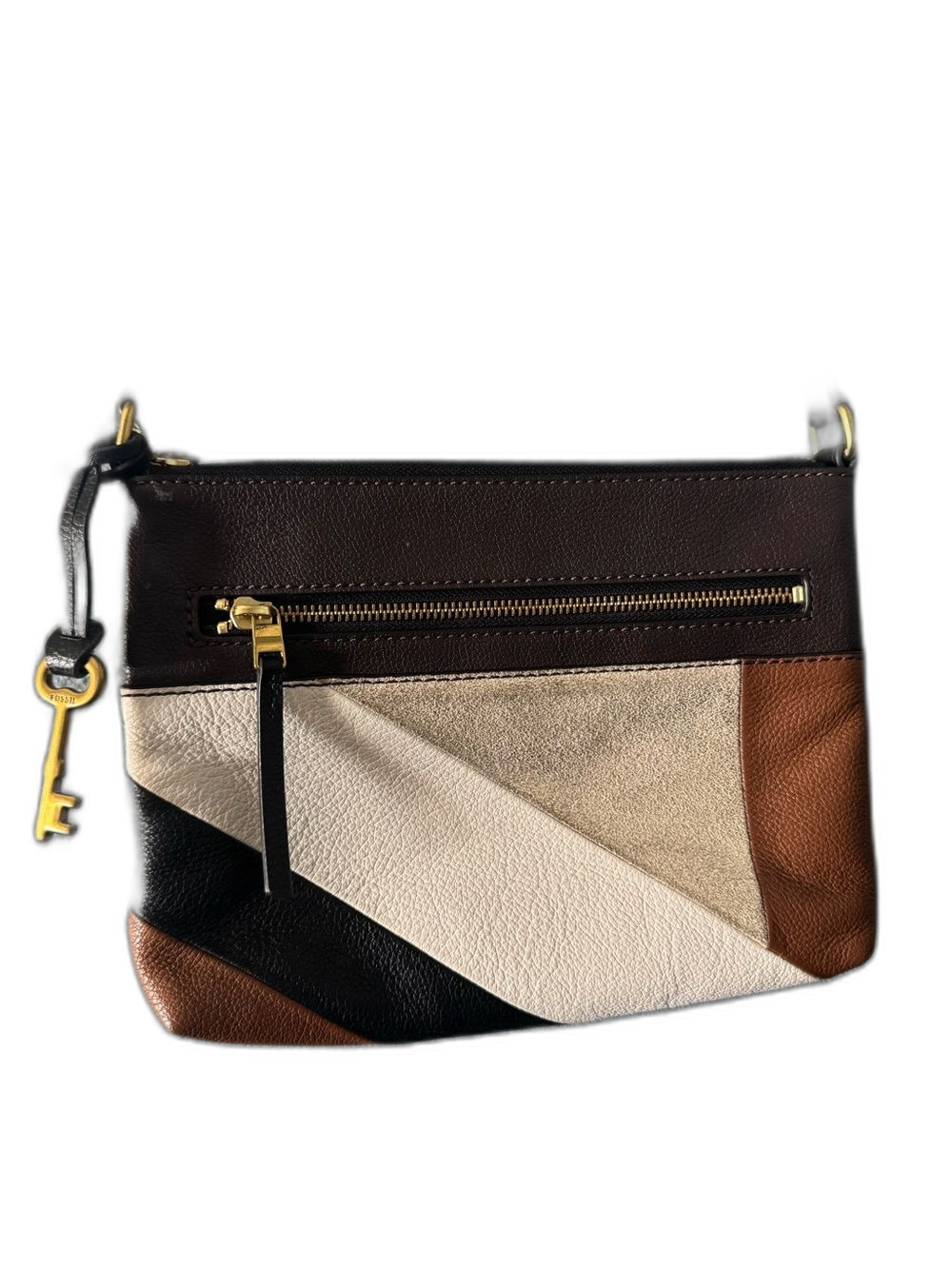 Fossil Colorblock Leather Crossbody Bag in Brown, Black, Cream, Key Charm